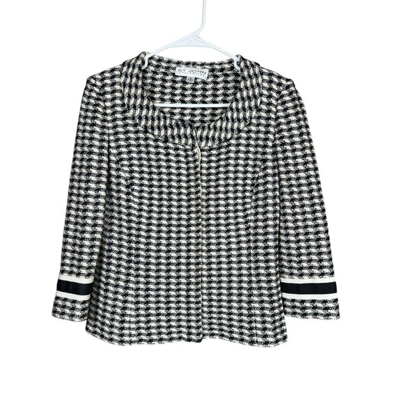St. John Collection Houndstooth Knit Jacket Old Money Tweed Blazer Black White 2 - Picture 1 of 12